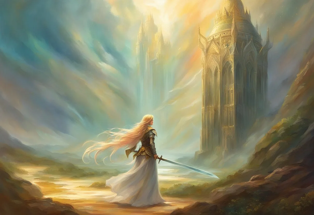 A figure sneaks away with stolen swords, looking over their shoulder