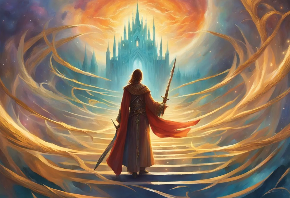 A figure cautiously holding seven swords, looking over their shoulder, navigating through a maze of relationships