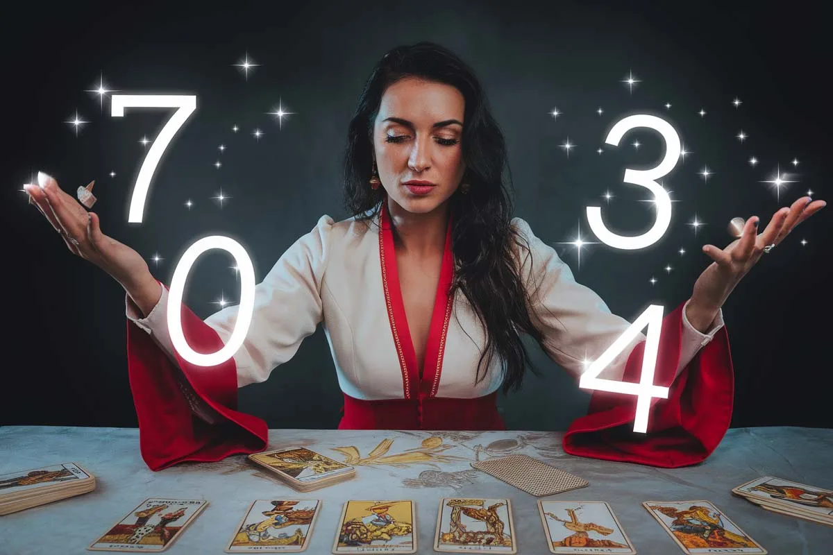 A medium shot of a woman doing a tarot reading on a table. She is wearing a white and red outfit and has long, dark hair. There are tarot cards spread out on the table. Glowing numbers are floating around the woman and the table. The background is dark.